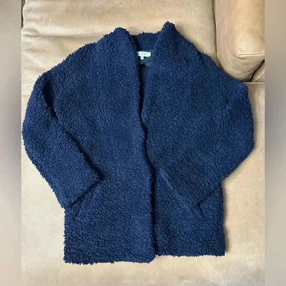 Iro Faux Shearling Piacie Jacket Oversized Navy Snap Front Heavy Pockets Size 34 - Picture 1 of 12